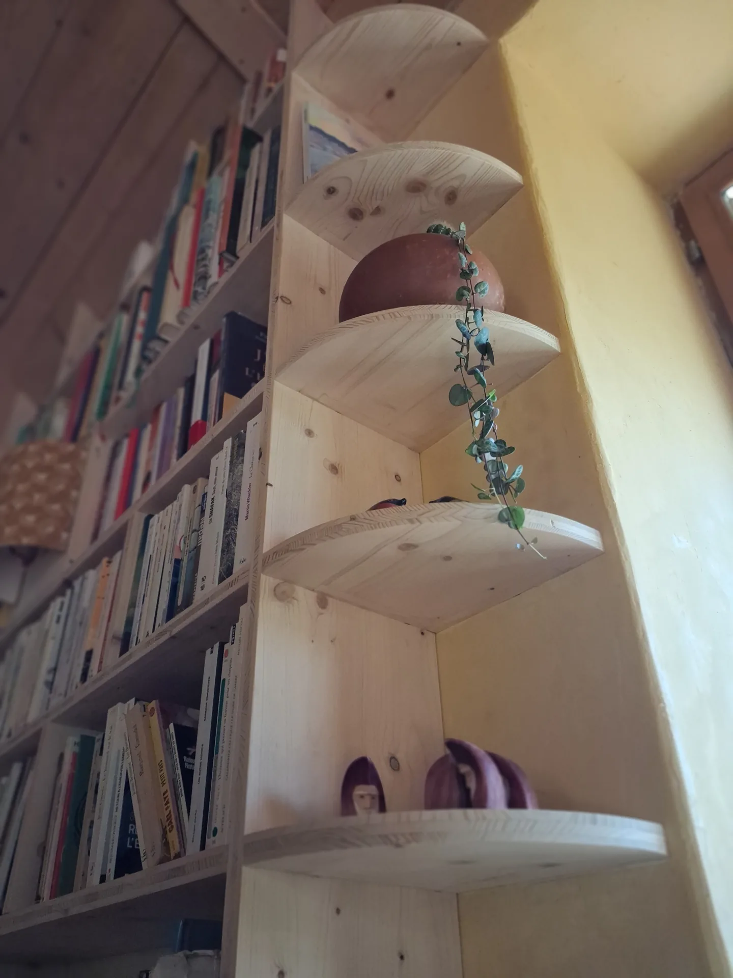 Column of rounded spruce shelves seen from the side, no visible fixing