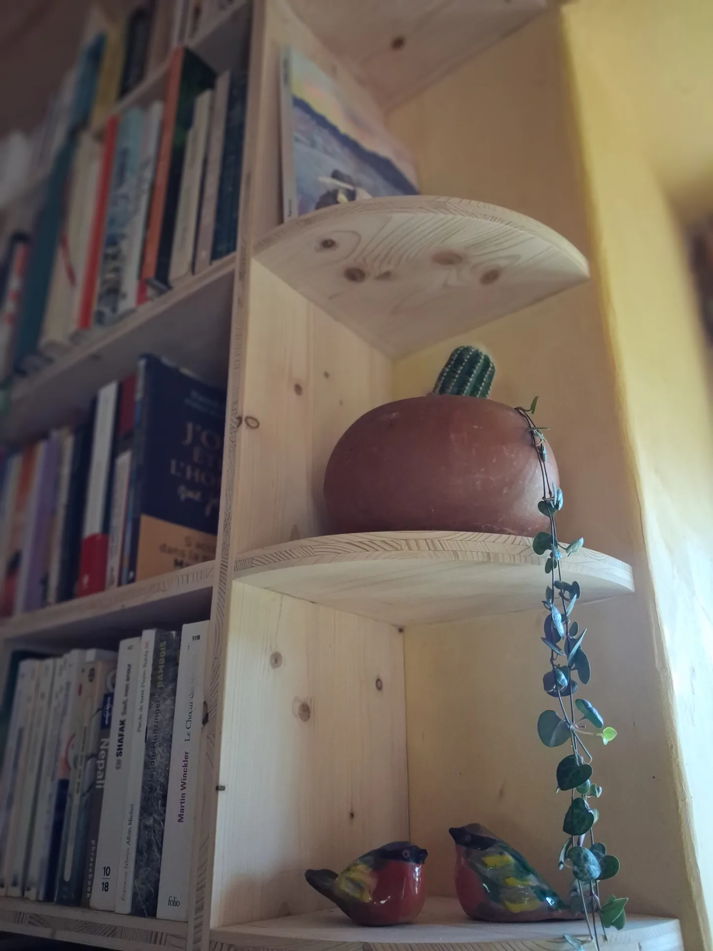 A rounded shelf of the bookcase holding decorative objects