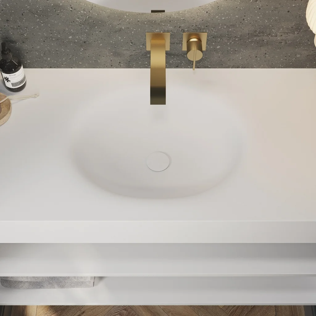 One-piece solid surface basin top with no visible joint