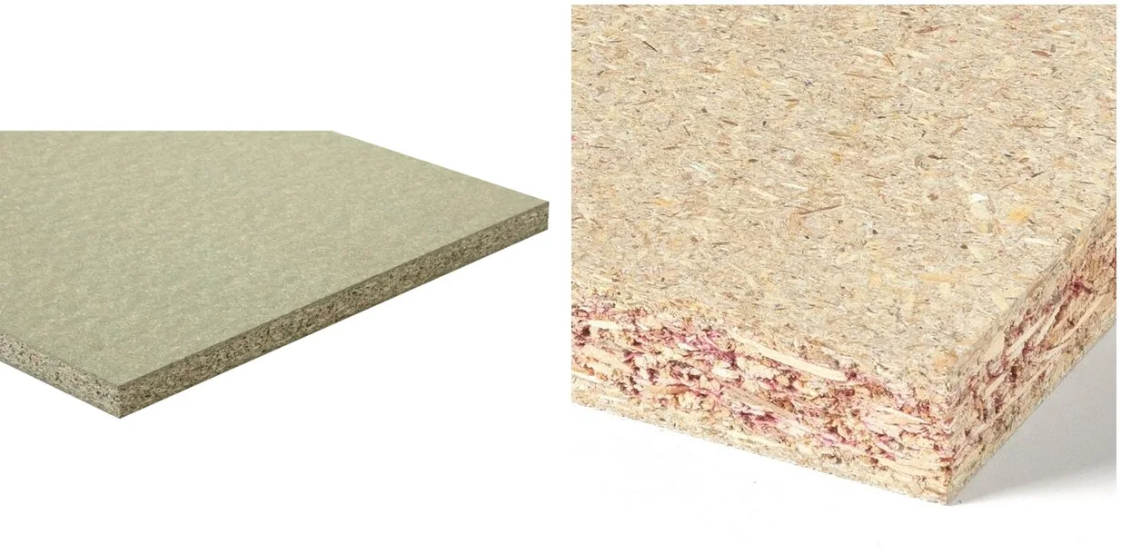 Edges of green-tinted moisture-resistant chipboard and red-tinted fire-rated chipboard