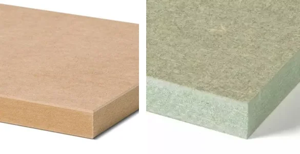 Edges of standard brown MDF and green moisture-resistant MDF