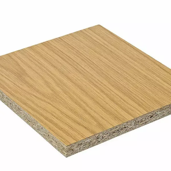 Oak-effect melamine panel, edge showing the chipboard core