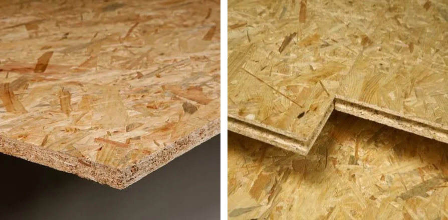 OSB panel seen from the edge and tongue-and-groove OSB flooring panel