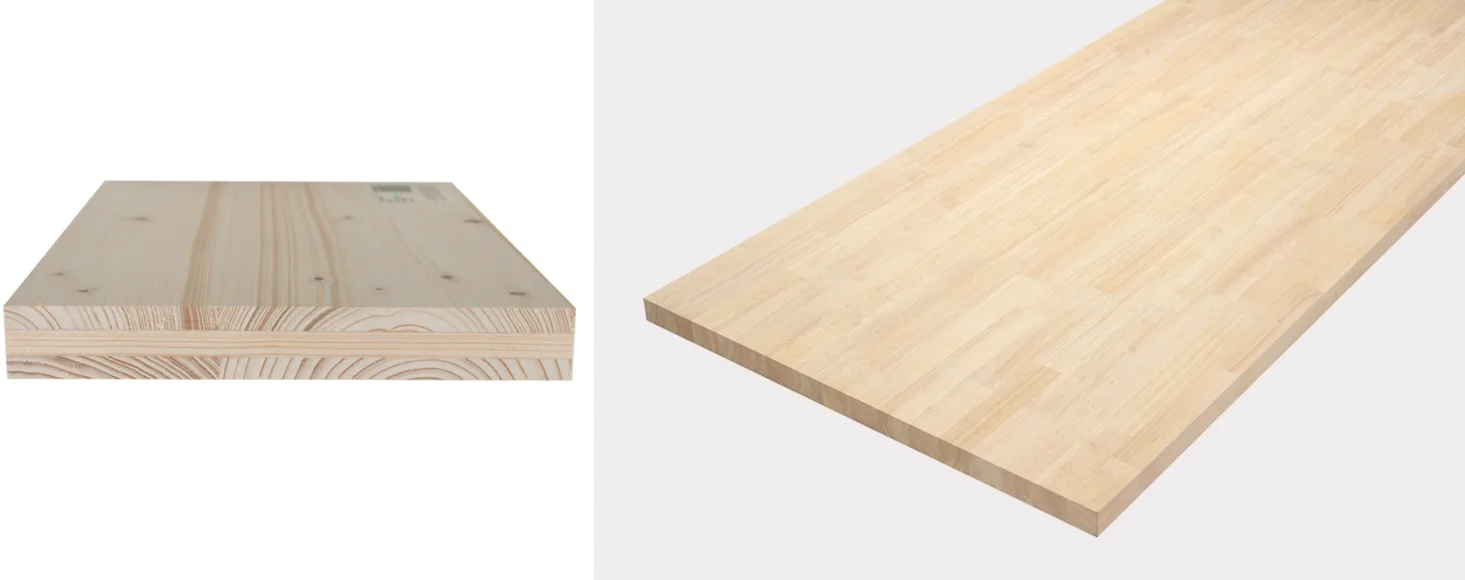 Three-ply spruce panel seen from the edge and laminated solid wood panel