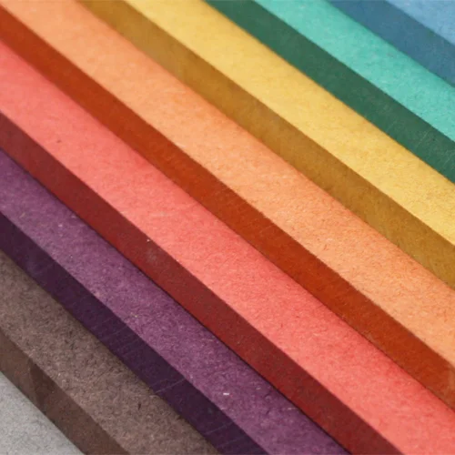 Stacked through-coloured Valchromat panels, red, orange, yellow, green, purple