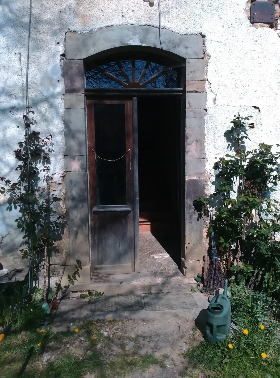 Before: the old dark front door, under the fanlight with sunburst glazing bars