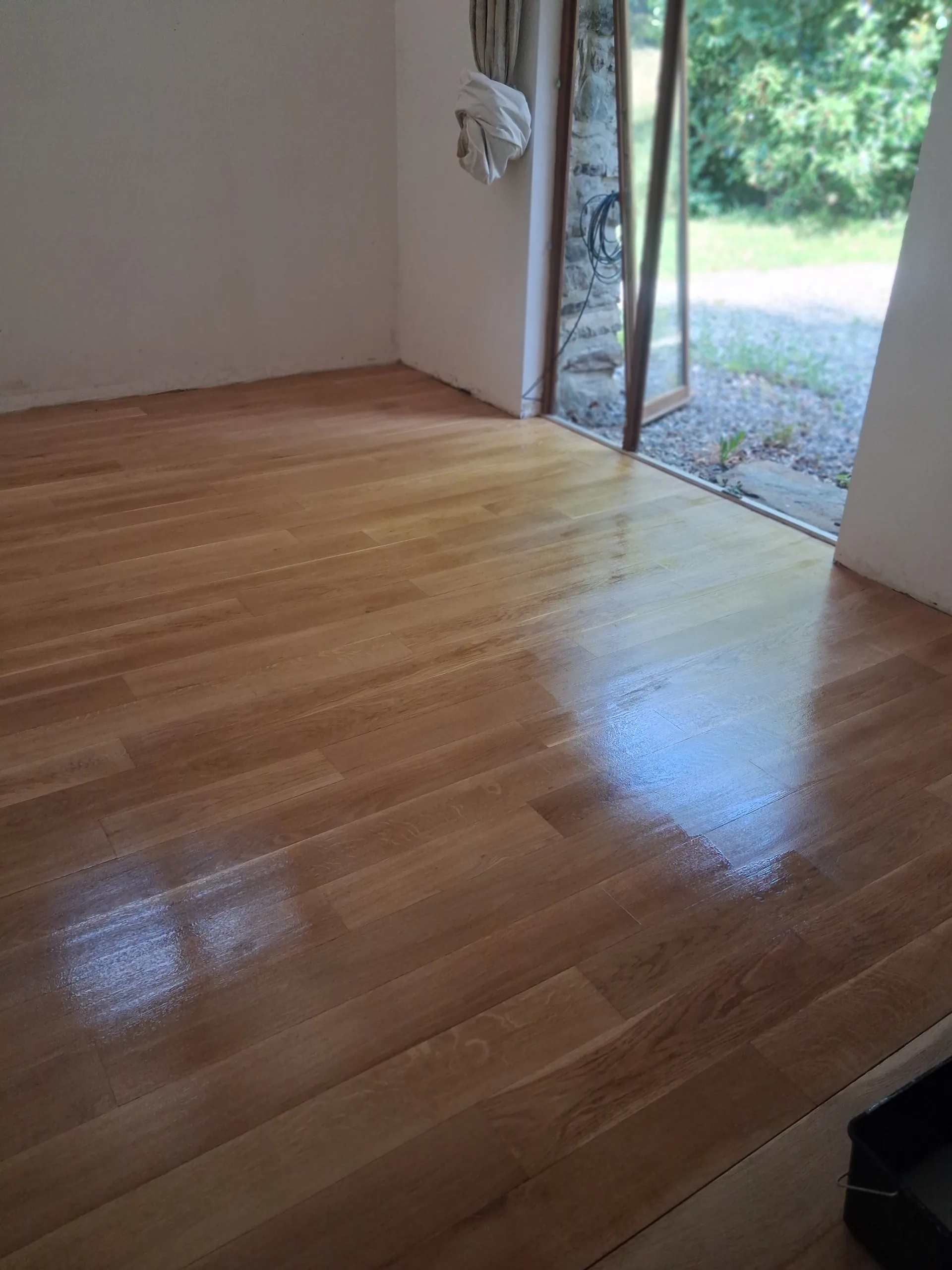 After: the same patio door, floor restored and lacquered