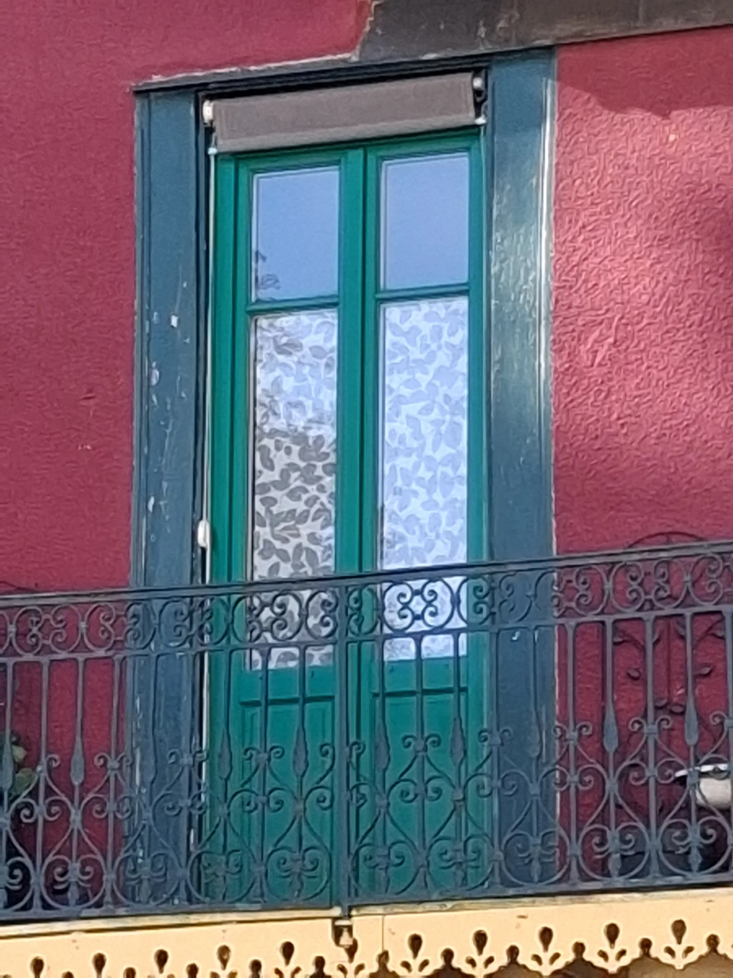 The new French doors from outside, green like the original joinery, behind the wrought iron guard rail